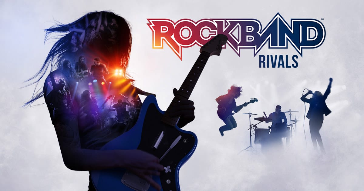 Key art for Rock Band Rivals, hsowing silouhetted performers playing guitar, bass, drums, and singing.